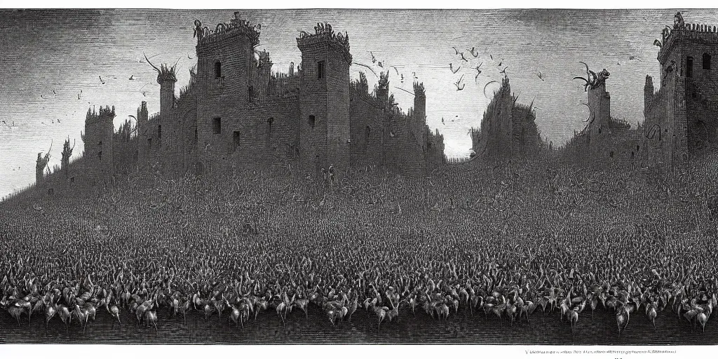 Image similar to gargantuan flock of geese guarding the gates of hell, art by gustave dore, hieronimus bosch