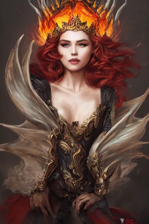 Image similar to queen of dragons, crown of fire, youthful appeal, artgerm, portrait, realistic photo by Yaşar VURDEM , ArtStation, muted colors, artstation, character concept art. Epic composition, hyperrealism, award winning artwork,realistic hair, trending on artstation, high quality printing, fine art with subtle redshift rendering