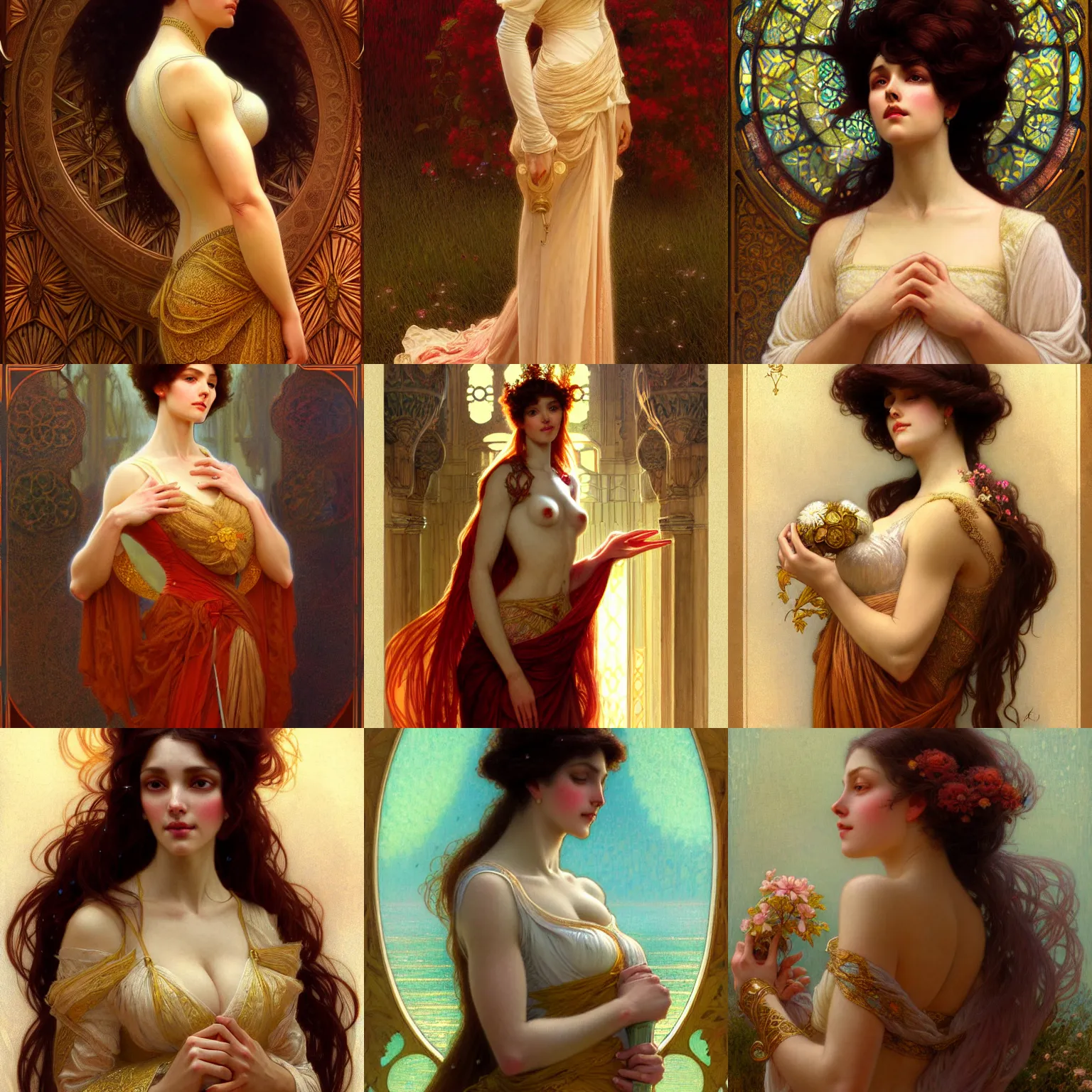 Prompt: character portrait of me as a modest wife blessed by creation to uncontrollably grow more perfect. tall, feminine, muscular, powerful, modestly clothed, voluminous, intricate, elegant, highly detailed, digital painting, artstation, smooth, symmetrical, sharp focus, illustration, art by gaston bussiere and alphone mucha