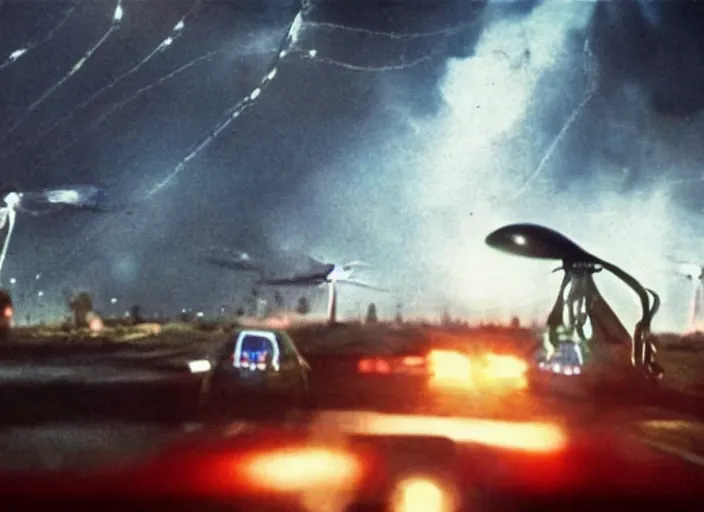 Prompt: Dash cam footage of an alien invasion, michael bay, war of the worlds