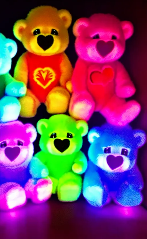 Image similar to care bears at woodshock blacklight style