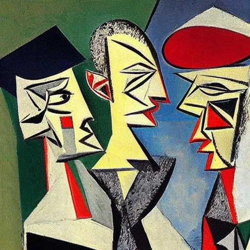 Prompt: high definition portrait of three men talking to each other by Pablo Picasso