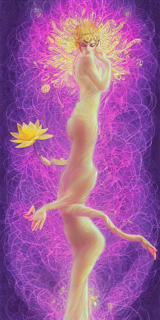 Image similar to 'lotus goddes, full body, purple, pink, yellow, concept character, water drops, lotus flower, beautiful, stunning, pink mist, radiating power, energy, god rays, luminescence, fractal, style of james jean, akira, satoshi con'