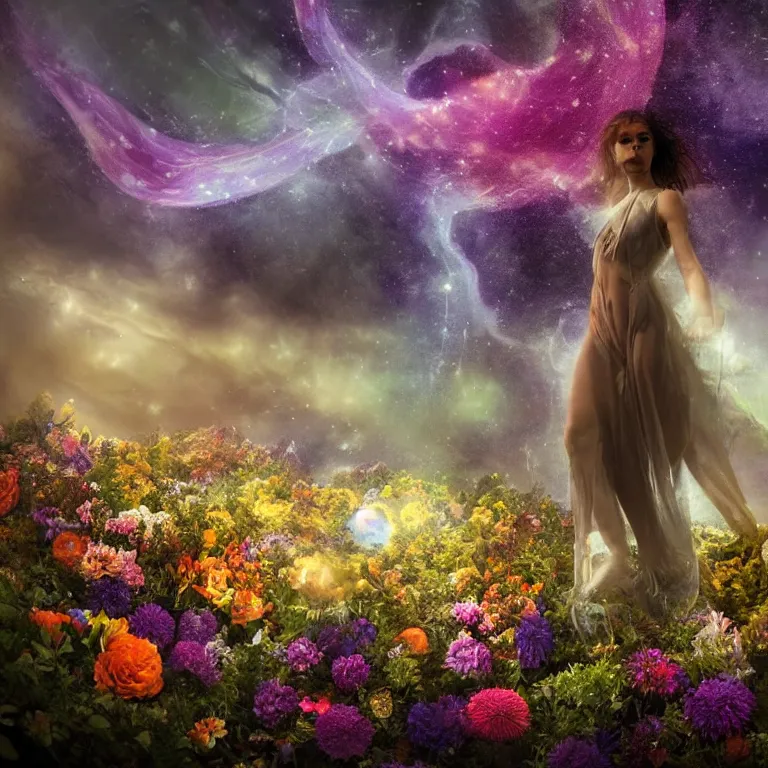 Image similar to a planet of various flowers, fungus and plants, in which the singular human figure is dressed in something magical and impressive, inside the picture is infinity, sunset light, Atmospheric phenomenon, artistic photography, muted colors, conceptual, long exposure outside the city, volumetric light