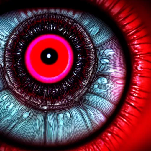 Image similar to a detailed extremely close up of inside the iris, cornea, red image, microscopic, extremely close up drawing by junji ito, cgsociety, generative art, lovecraftian, parallax, cosmic horror, extremely detailed, hyperrealism, unreal engine, octane render, award winning, masterpiece, highly detailed, realistic, 4 k, digital