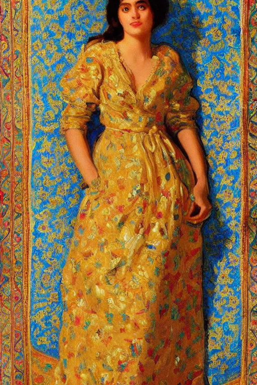Image similar to gorgeous iranian girl wear detailed golden blue dress lay down on a detailed persian carpet, a big tree palm persian pot, painting by john singer sargent