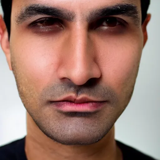 Image similar to close up of face of good looking 3 5 year old peruvian man with clean shaven face, no beard, thin face, small eyes, very short straight black hair in a quiff style, color portrait, 4 k