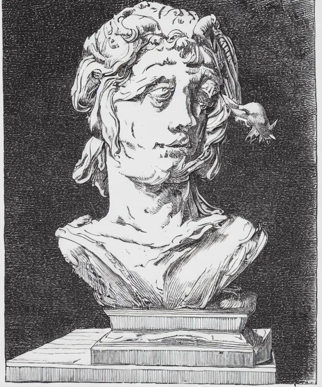 Image similar to raven sitting on a female marble bust on a white background, art by james o barr and albrecht durer and piranesi, woodblock print, engraved, black and white, vector, vector art