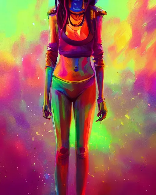 Image similar to colorful full body portrait of a hippie, set in the future 2 1 5 0 | highly detailed | very intricate | symmetrical | professional model | cinematic lighting | award - winning | painted by mandy jurgens and ross tran | pan futurism, dystopian, bold psychedelic colors, cyberpunk, groovy vibe, anime aesthestic | featured on artstation