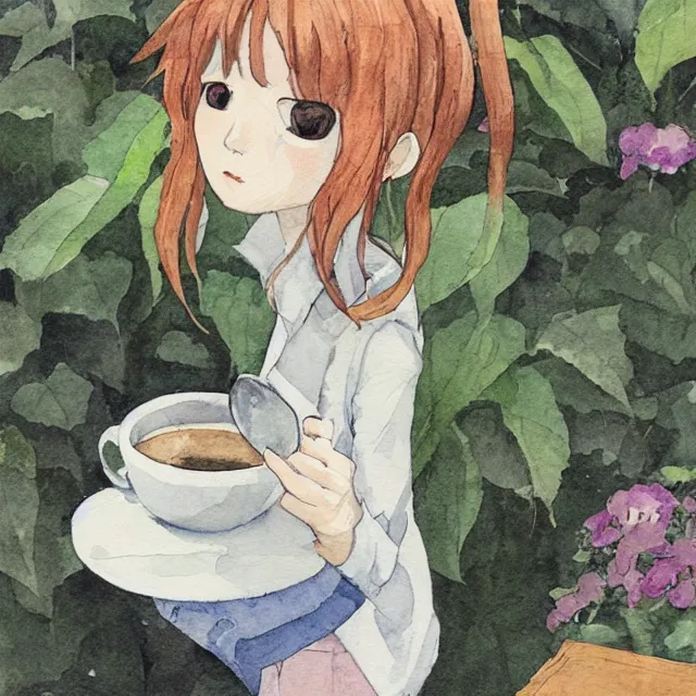 Prompt: hanako tanaka drinking coffee in the garden. watercolor by the award - winning concept artist