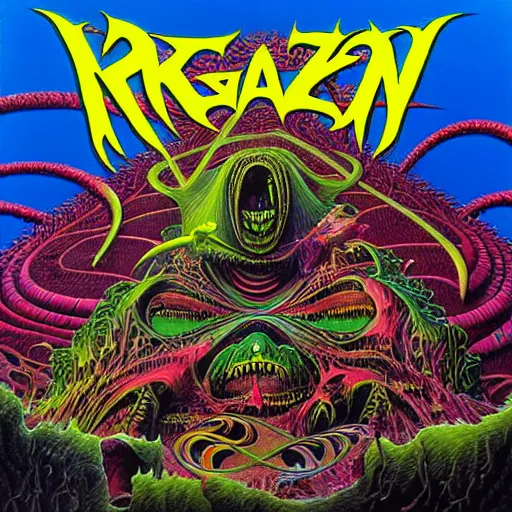 Prompt: thrash metal album cover in the style of roger dean, realistic, sharp focus, 8k high definition, insanely detailed, intricate, smooth, airbrush, art by kenny scharf and philippe druillet