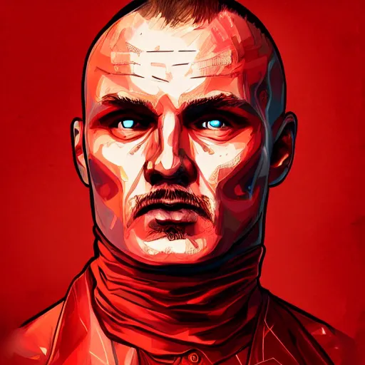 Prompt: Portrait of Mariusz Pudzianowski in the style of Disco Elysium, digital drawing by Pavlo Guba, strong red hue