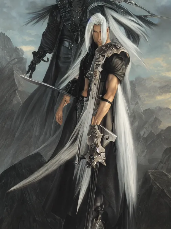 Image similar to a beautiful and detailed matte painting of sephiroth from final fantasy 7, fantasy, d & d, dark eyeliner, intricate, elegant, highly detailed, digital painting, artstation, concept art, matte, sharp focus, illustration, art by greg rutkowski and alphonse mucha