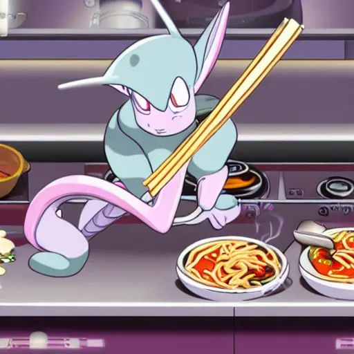 Image similar to Mewtwo cooking ramen, in the style of TC-96