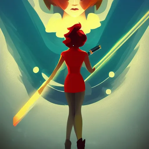 Image similar to Red from Transistor contemplating cloudbank, Supergiant games, movie poster, digital painting, artstation, colorful