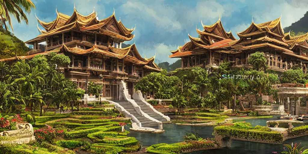 Prompt: Sprawling imposing grand royal Filipino palace with a grand staircase leading up the palace, 6 storeys, native Filipino architecture, located atop a rice field in a valley, beside a great chasm, digital painting, concept art by Shaddy Safadi