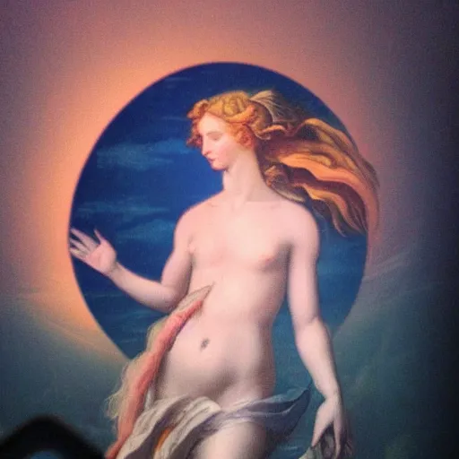 Image similar to fish eye of the birth of venus looking at me, dark lighting