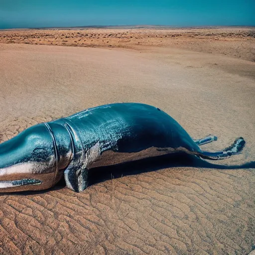 Image similar to 🐋🐳🐉🤖 in desert, photography by bussiere rutkowski andreas roch