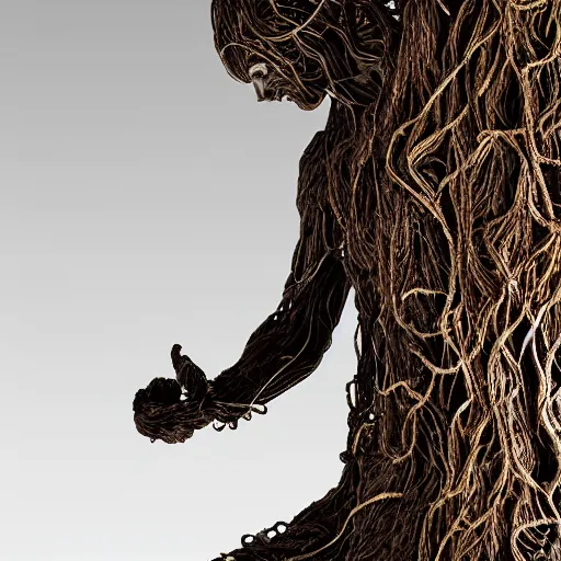 Image similar to a human man statue stuck in a cosmic tree, a sense of awe, amazement, monogon, plasma display, wooden, silver, mercury, damascus, armature wire, multiscopy, morph, in a symbolic and meaningful style, insanely detailed and intricate, hypermaximalist, elegant, ornate, hyper realistic, super detailed,