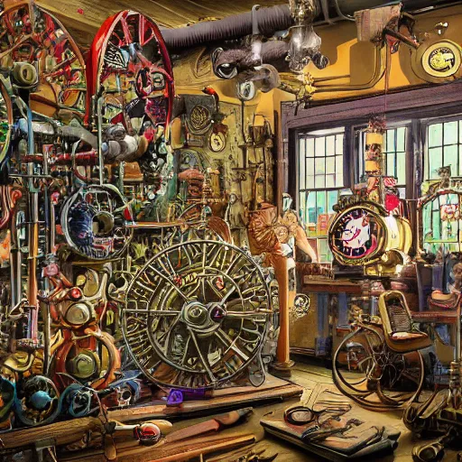 Image similar to A toymakers's workshop with a magical atmosphere + a fantastic time contraption made of brightly painted gears, springs, gauges, clock faces, tubes, steam pipes and bells + sits on a workbench by a large glowing window + by Dean Morrissey, steampunk, 1950s, high detail, dramatic lighting, 8K, wide angle, digital art