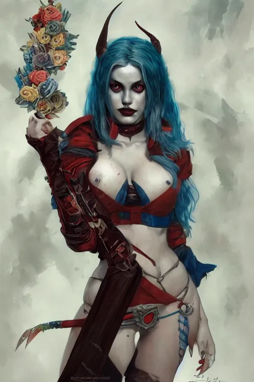 Image similar to portrait of harley quinn as a demon elf queen, forest, godlike, upper body, fantasy, intricate, elegant, highly detailed, digital painting, artstation, concept art, sharp focus, illustration, art by artgerm and greg rutkowski and alphonse mucha