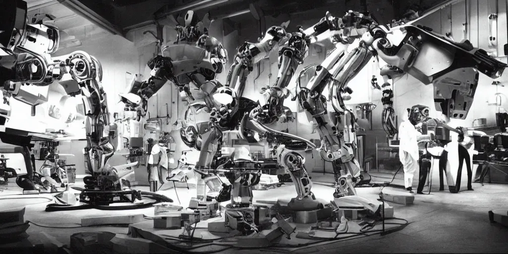 Image similar to a futuristic film studio with robot technicians preparing a scene by stanley kubrick, sci - fi, color vibe, reimagined by industrial light and magic