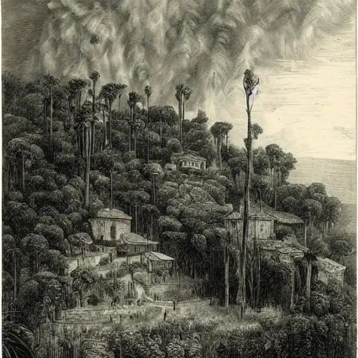 Prompt: a small italian village on a hill, in the midst of the amazon forest. italian architecture, huge tropical trees, dark, atmospheric, stormy weather, gustave dore 1 8 6 5