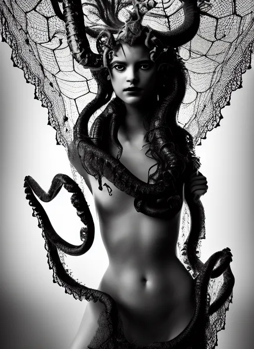 Image similar to surreal mythical dreamy dark artistic black and white fine art photo of a beautiful young female angel - medusa - mermaid - cyborg covered with translucent algae, highly detailed, lace web, rim light, cinematic, studio dramatic light, poetic, octane render, 8 k, photo - realistic, by horst p. horst