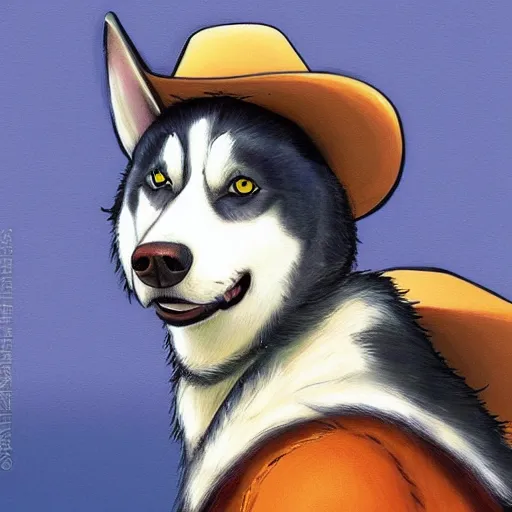 Image similar to a portrait painting of a husky in cowboy costume, wearing a cowboy hat, by [ studio ghibli ], in the style of anime, trending on artstation