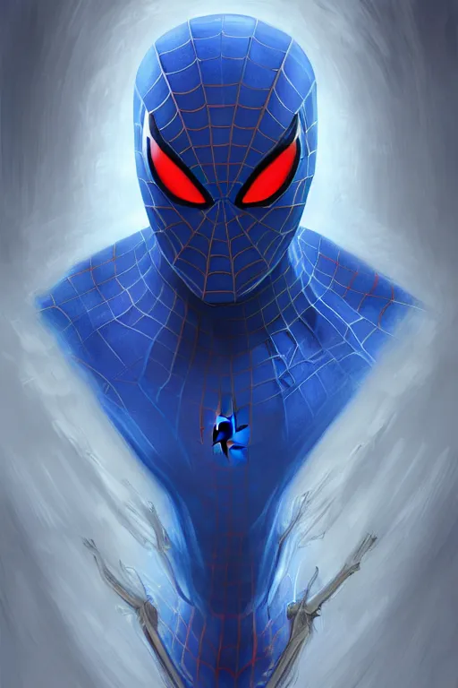 Image similar to elon musk as a blue suit spider man, realistic portrait, symmetrical, highly detailed, digital painting, artstation, concept art, smooth, sharp focus, illustration, cinematic lighting, art by artgerm and greg rutkowski and alphonse mucha