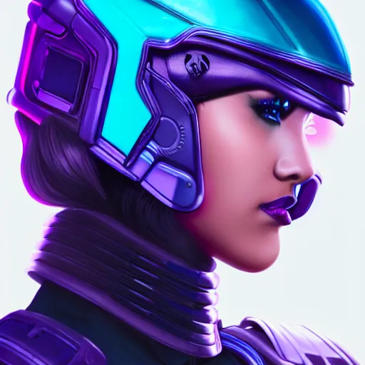 Image similar to a stunning upper body portrait of a beautiful young woman wearing futuristic navy blue and teal battle bodyarmor and pauldrons and ombre purple and pink hairstyle with hair blowing in the wind, by marvel comics, outrun, vaporware, neon, highly detailed, fine detail, intricate, digital art, trending on artstation