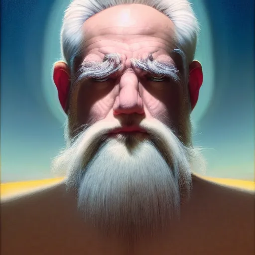 Prompt: cinematic portrait of a man in metaverse and cyberspace, only head and chest, white hair and white beard, intricate, desaturated, Tim Hildebrandt, Wayne Barlowe, Bruce Pennington, donato giancola, larry elmore, maxfield parrish, Moebius, Thomas Ehretsmann, oil on canvas, gouache painting, masterpiece, trending on artstation, cinematic composition, dramatic pose, volumetric lighting, sharp, details, hyper-detailed, HD, 4K, 8K