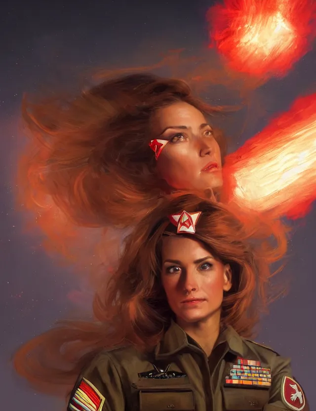 Image similar to a brown - haired woman in a military uniform hovering in the air glowing with red light and crackling energy, by frank fazetta and peter mohrbacher, trending on artstation, digital art, 4 k resolution, detailed, high quality, sharp focus, hq artwork, coherent, insane detail, concept art, character concept, character full body portrait