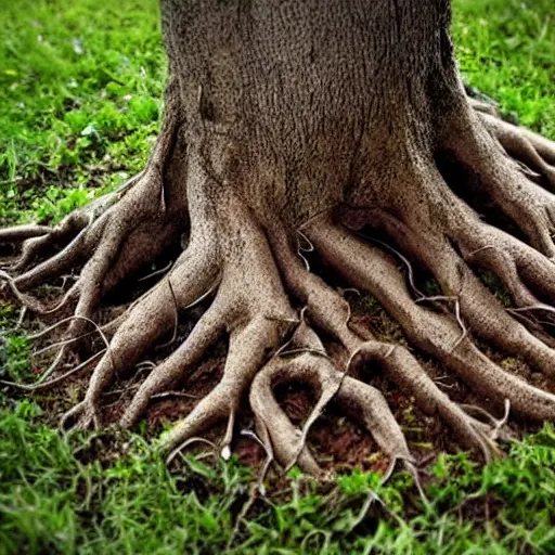 Prompt: a hand made of tree roots growing out of the ground