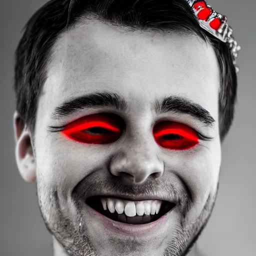 Prompt: man with red eyes and a crown grinning