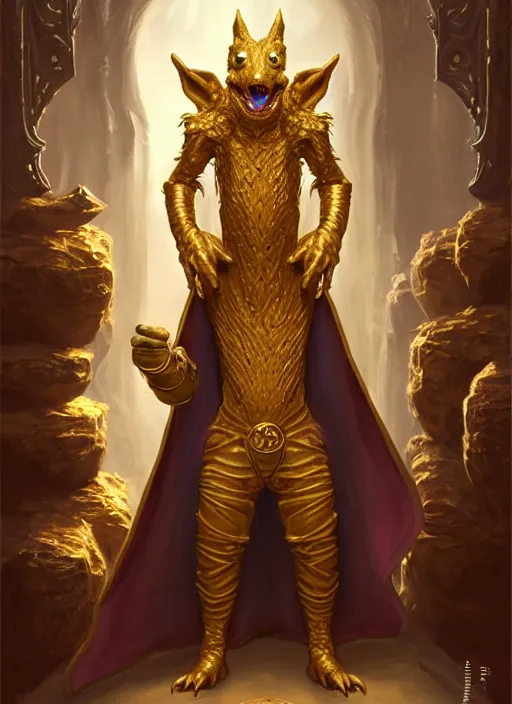 Image similar to a _ fantasy _ style _ portrait _ painting _ of a humanoid gold kobold male in wizard robes in a store selling things, oil _ painting _ unreal _ 5 _ daz. _ rpg _ portrait _ extremely _ detailed _ artgerm _ greg _ rutkowski _ greg