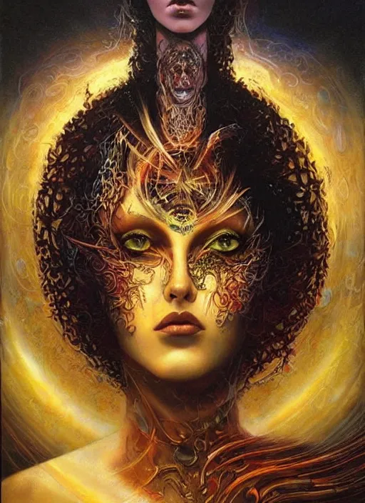 Image similar to magic enlightened cult psychic lovable woman, painted face, third eye, energetic consciousness psychedelic, epic surrealism expressionism symbolism, by karol bak, masterpiece