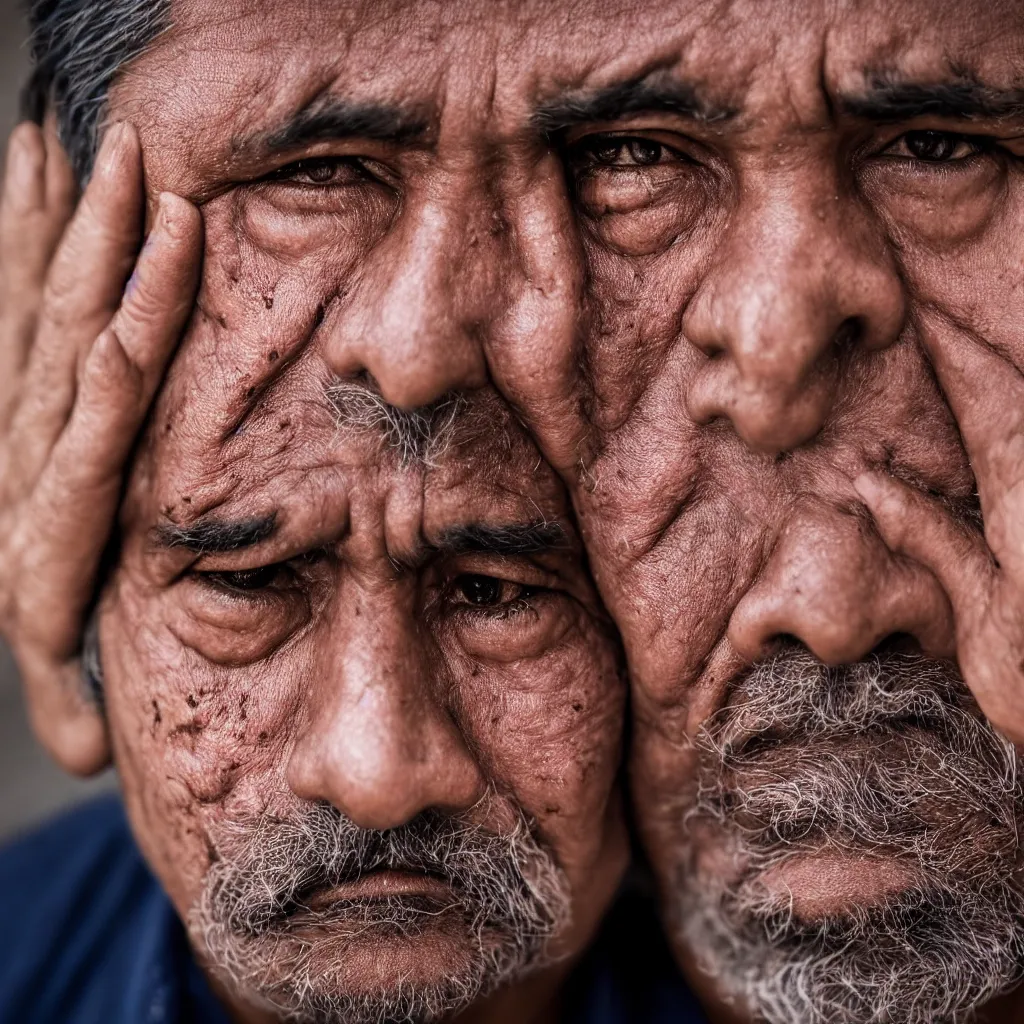 Prompt: A worried Mexican man in his late 40s, with brown skin, dark hair, brown eyes, few wrinkles, skin pores, face is covered with dust. Black dusty background. Dramatic contrasting light. Documentary photo. Sigma 40mm f/1.4 DG HSM