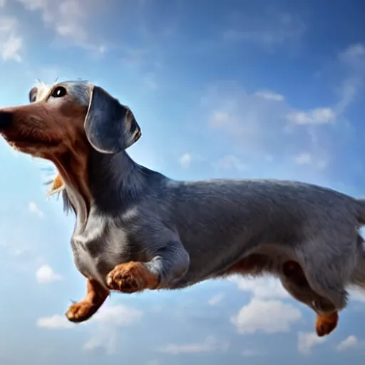 Image similar to an elderly, light gray wire-haired dachshund floating in heaven, blue sky, surrounded by beautiful white clouds, with a halo over his head