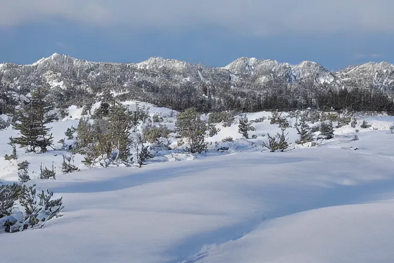 Image similar to long distance photo of snowy shrek range rising from swampy plains
