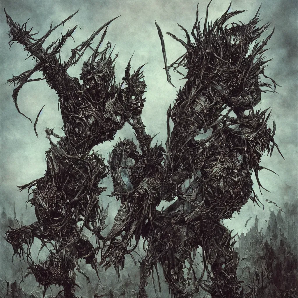 Prompt: A creepy armored horned fanged demon woman with blue scarred skin wrapped in barbed wire. Extremely high detail, realistic, fantasy art, solo, bones, ornate, textured, cgsociety masterpiece, saturated colors, tricate omnious visionary concept art tangled, ripped flesh, art by Zdzisław Beksiński, Arthur Rackham, Dariusz Zawadzki