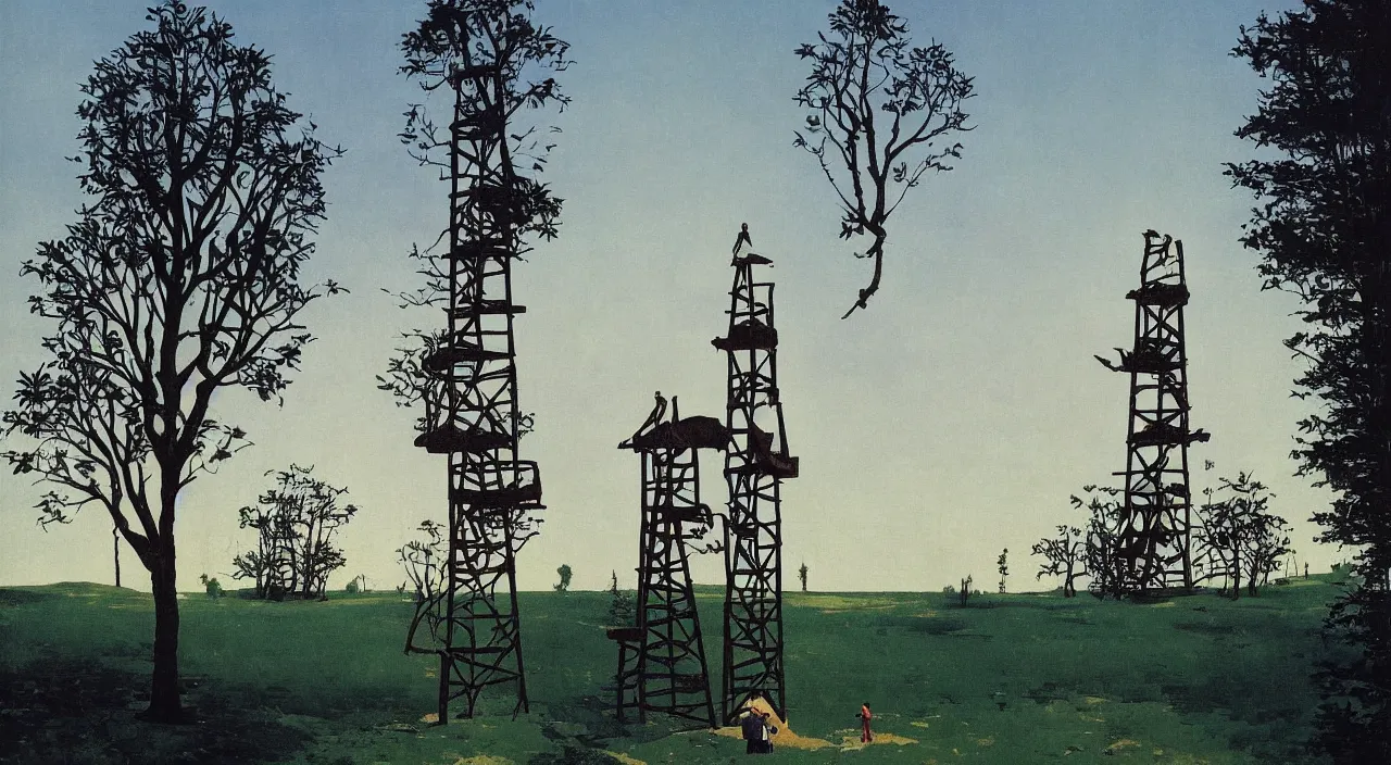 Image similar to single flooded simple wooden tree tower!, very coherent and colorful high contrast!! masterpiece by rene magritte simon stalenhag carl spitzweg syd mead norman rockwell edward hopper james gilleard, minimalist, dark shadows, sunny day, hard lighting