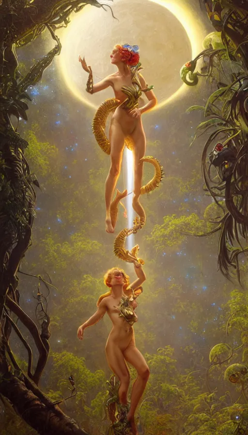Image similar to hyper realistic aliens battling a golden goddess, lush plants, kittens, full moon, light rays, gnarly trees by tom bagshaw, mucha, gaston bussiere, craig mullins, j. c. leyendecker 8 k