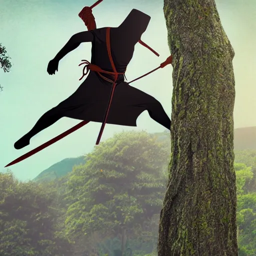 Prompt: a ninja with sword standing on a tree practicing, realistic