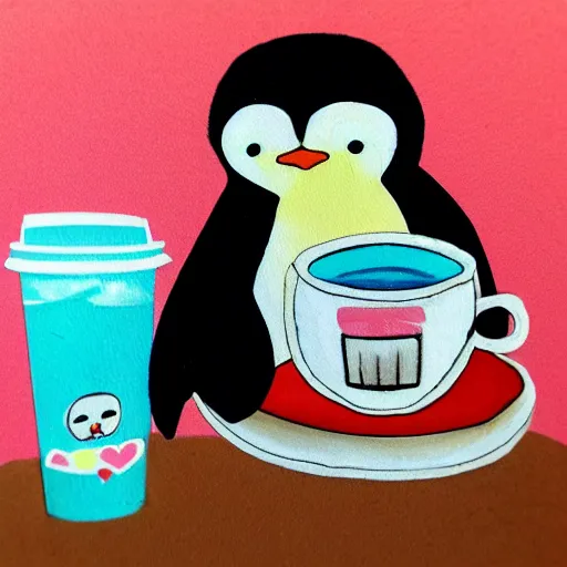 Image similar to penguin kawaii taking a coffee in the middle on the artic, trending in art station polaroid