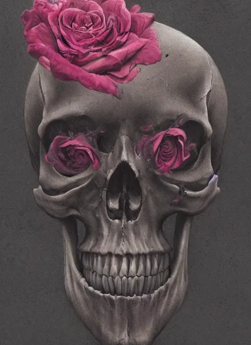 Prompt: skull surrounded by pink roses, fog, cinematic shot, denis villeneuve movie still, wayne barlowe concept art, detailed, very coherent, vintage, by emil melmoth