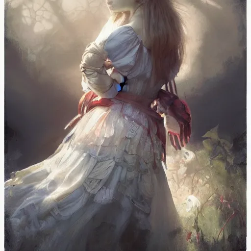 Image similar to alice in wonderland, high detail, dramatic light, digital art, chiaroscuro, painted by seb mckinnon and greg rutkowski, trending on artstation