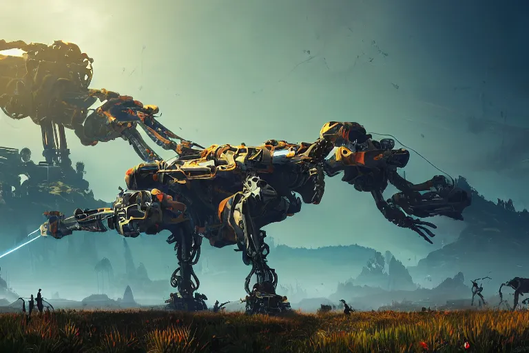 Image similar to longleg machine mecanical creature robot of horizon forbidden west horizon zero dawn radiating a glowing aura global illumination ray tracing hdr fanart arstation by ian pesty and alena aenami artworks in 4 k