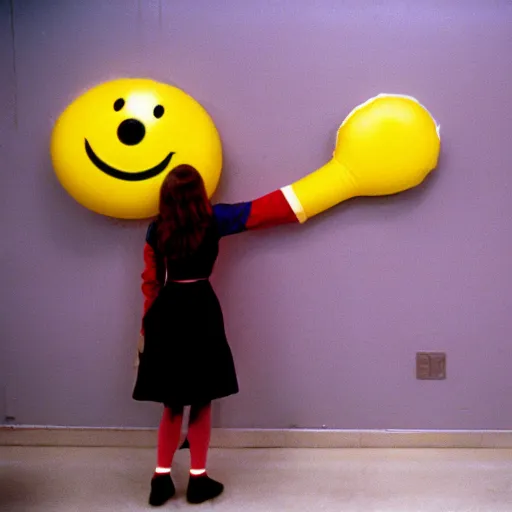 Image similar to teenage girl holds hands with smiley inflatable boyfriend at high school, 1978 color Fellini film, in school hallway, dirty walls, archival footage, technicolor film, 16mm, live action, John Waters, campy