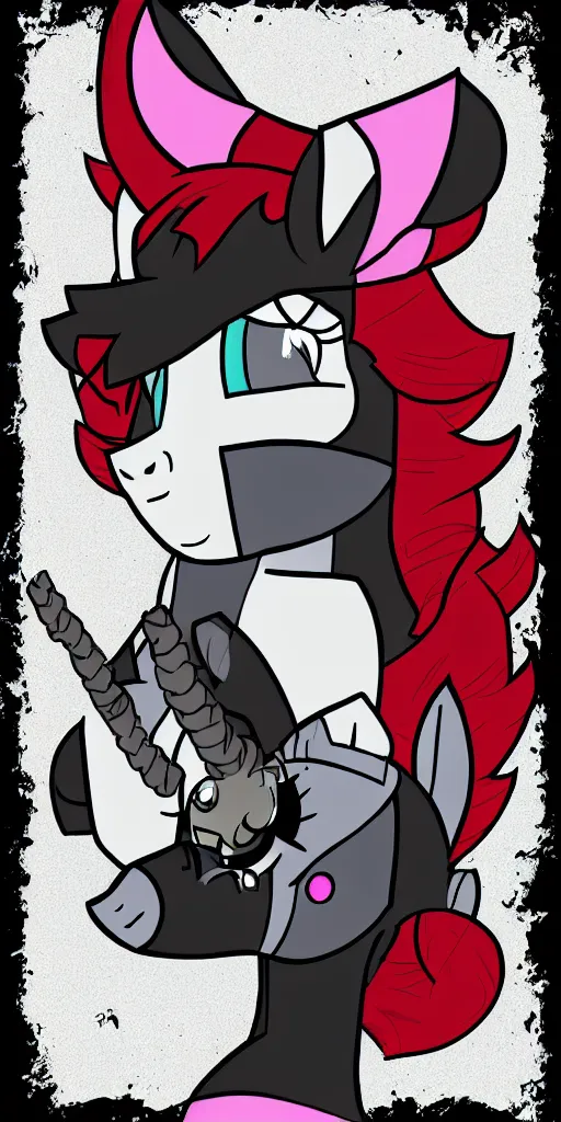 Image similar to Fallout Equestria Project Horizons | Blackjack Character Fanart | White MLP Unicorn Mare with red and black shaggy hair, and bright, robotic eyes. | Cutie Mark is: Ace and Queen of Spades | Trending on ArtStation, Digital Art, MLP Fanart, Fallout Fanart | Blackjack sitting and looking depressed at the viewer